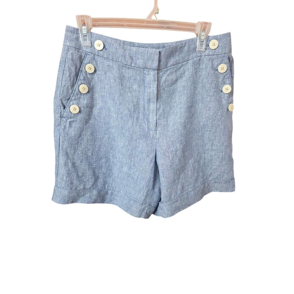 LOFT Blue 100% Linen Nautical Sailor Shorts Women's Size 6 Button Accent